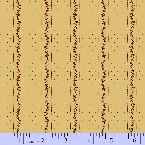 Civil War Melodies Tan With Stripes of Tiny Red Flowers & Spots - Click Image to Close