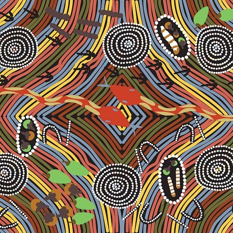 Rainbow Snake Black Australian Aboriginal Fabric - Click Image to Close