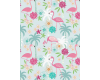 Flamingo with flowers and palm trees on light blue background