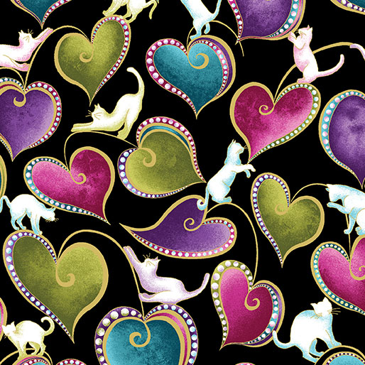 Cat-I-Tude: Hearts & Cats Black with Gold Metallic Print - Click Image to Close