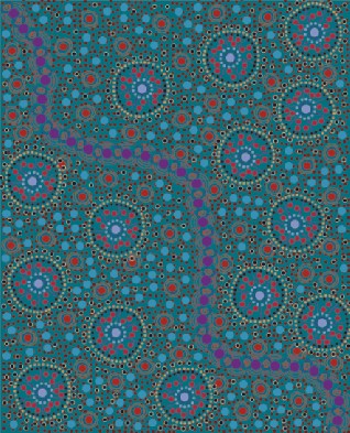 Dreamtime Flowers Blue Australian Aboriginal Fabric - Click Image to Close