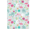 Flamingo with flowers and palm trees on light blue background